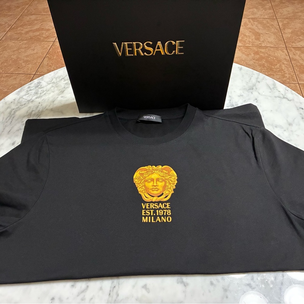 Versace Black Short Sleeve Tee with Gold Medusa Logo